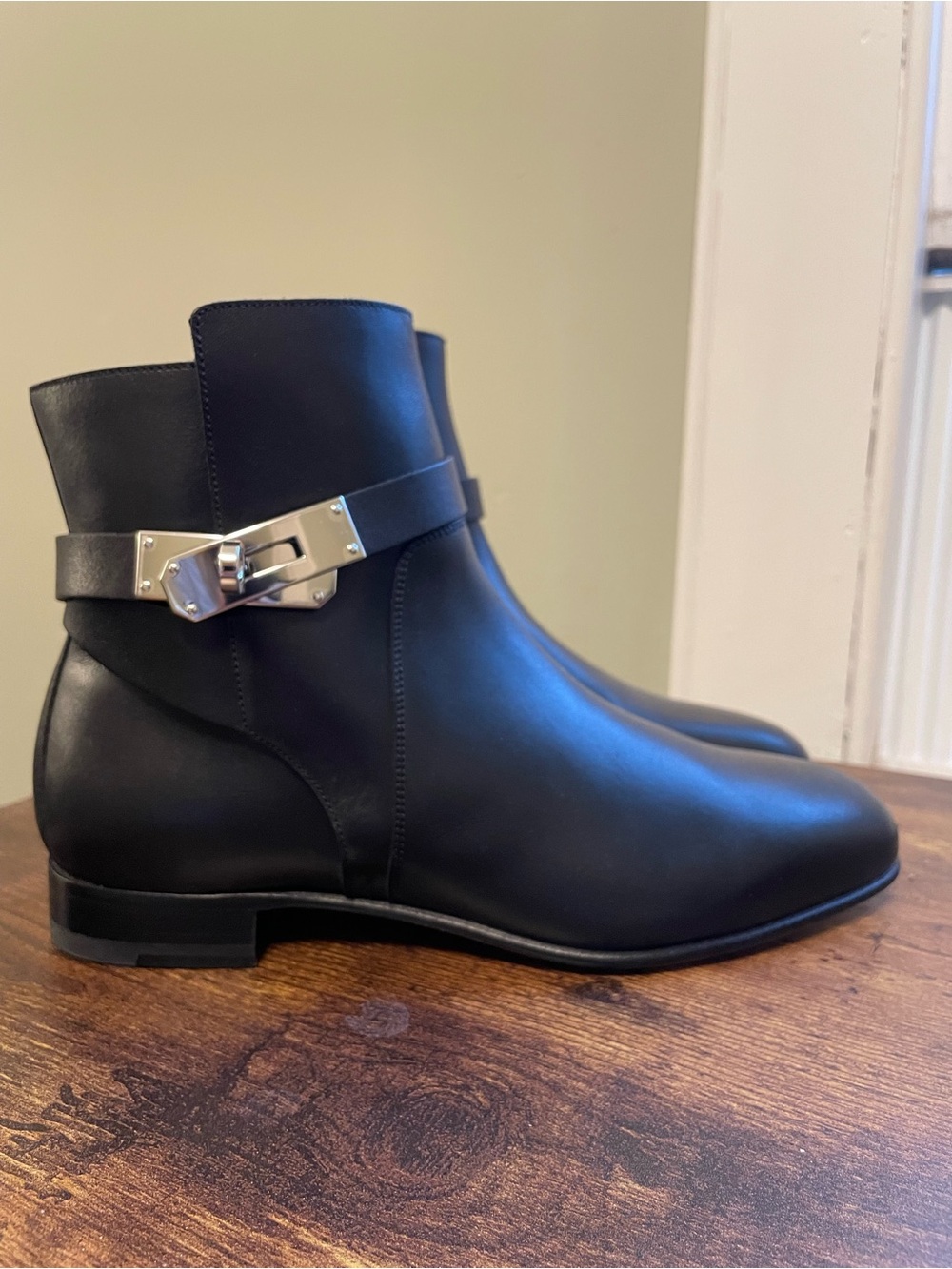 Hermes Neo Black Leather Ankle Booties with Silver Hardware